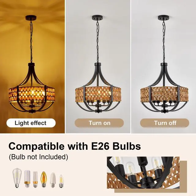 Alt view image 3 of 7 - 19.7" Rattan Chandelier, 5-Light Boho Chandelier with Natural Woven Reed Shade, Black Farmhouse Hanging Ceiling Light Pendant Light for Dining Room, Living Room, Foyer, Bedroom Hallway