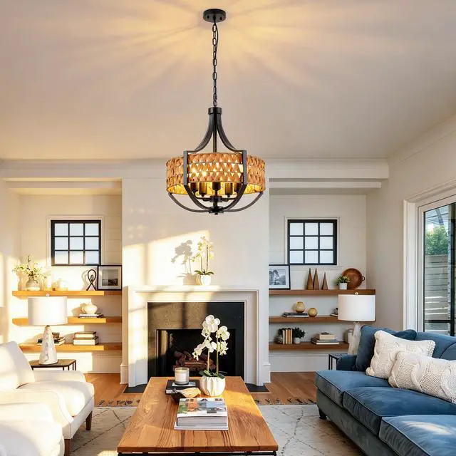 Alt view image 4 of 7 - 19.7" Rattan Chandelier, 5-Light Boho Chandelier with Natural Woven Reed Shade, Black Farmhouse Hanging Ceiling Light Pendant Light for Dining Room, Living Room, Foyer, Bedroom Hallway