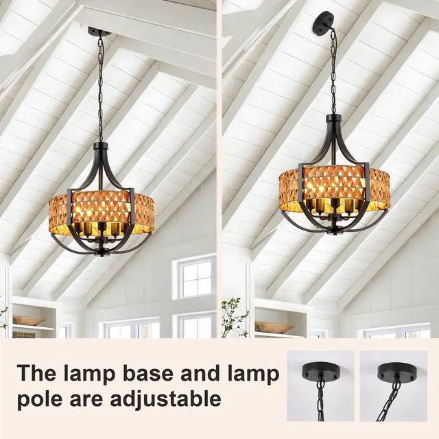 Alt view image 6 of 7 - 19.7" Rattan Chandelier, 5-Light Boho Chandelier with Natural Woven Reed Shade, Black Farmhouse Hanging Ceiling Light Pendant Light for Dining Room, Living Room, Foyer, Bedroom Hallway