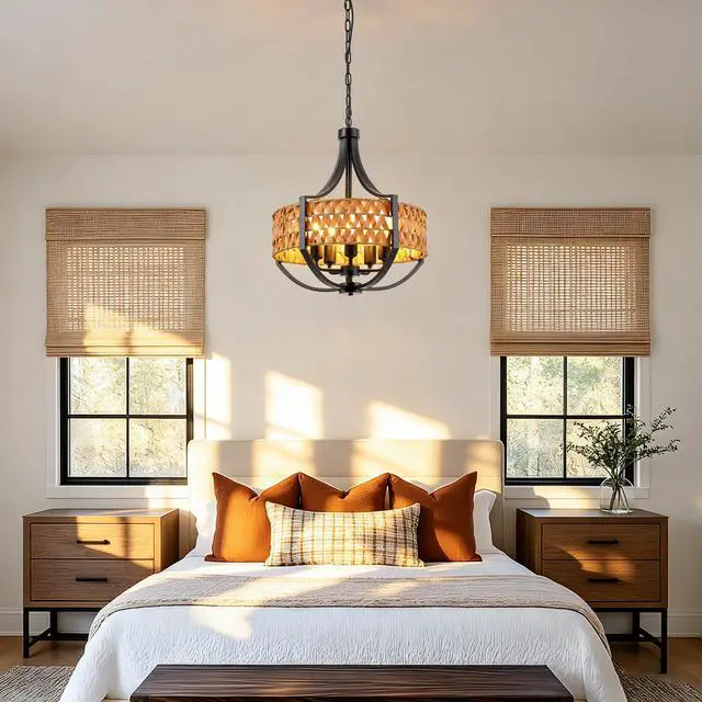 Alt view image 5 of 7 - 19.7" Rattan Chandelier, 5-Light Boho Chandelier with Natural Woven Reed Shade, Black Farmhouse Hanging Ceiling Light Pendant Light for Dining Room, Living Room, Foyer, Bedroom Hallway