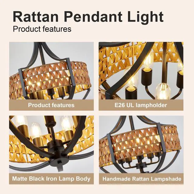 Alt view image 7 of 7 - 19.7" Rattan Chandelier, 5-Light Boho Chandelier with Natural Woven Reed Shade, Black Farmhouse Hanging Ceiling Light Pendant Light for Dining Room, Living Room, Foyer, Bedroom Hallway