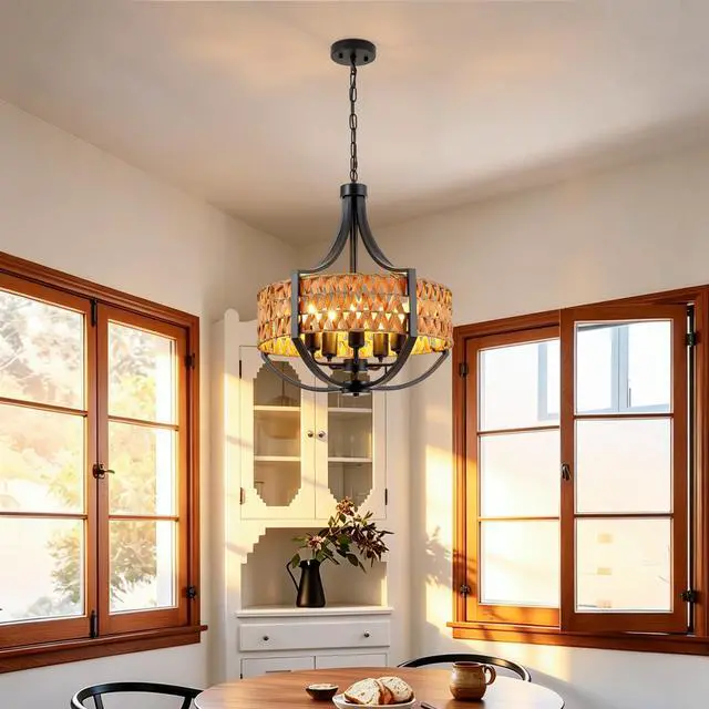 Alt view image 2 of 7 - 19.7" Rattan Chandelier, 5-Light Boho Chandelier with Natural Woven Reed Shade, Black Farmhouse Hanging Ceiling Light Pendant Light for Dining Room, Living Room, Foyer, Bedroom Hallway