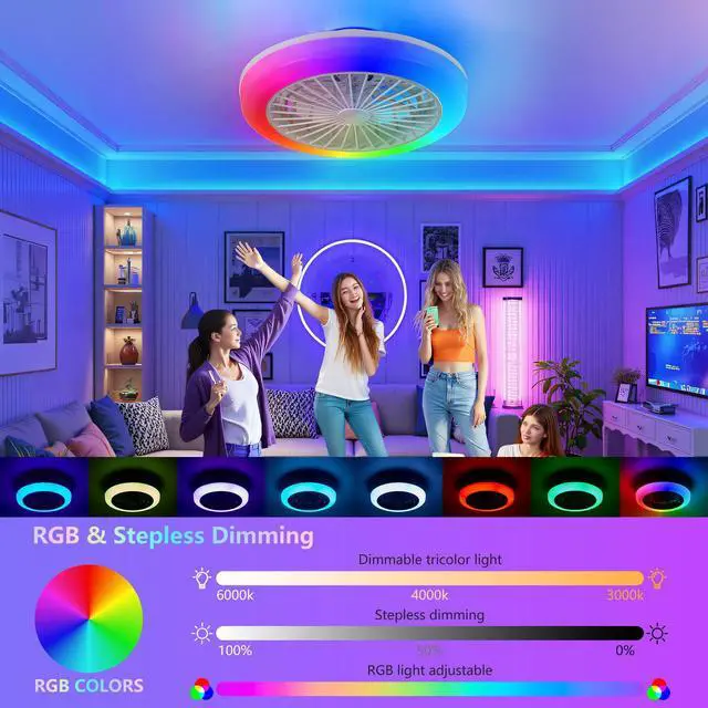 Alt view image 6 of 7 - 18 inch Ceiling Fan with Rgb Light Remote, Smart Led Ceiling Fans with Remote/App Control, Modern Low Profile Dimmable Light Ceiling Fan for Bedroom Living Room White