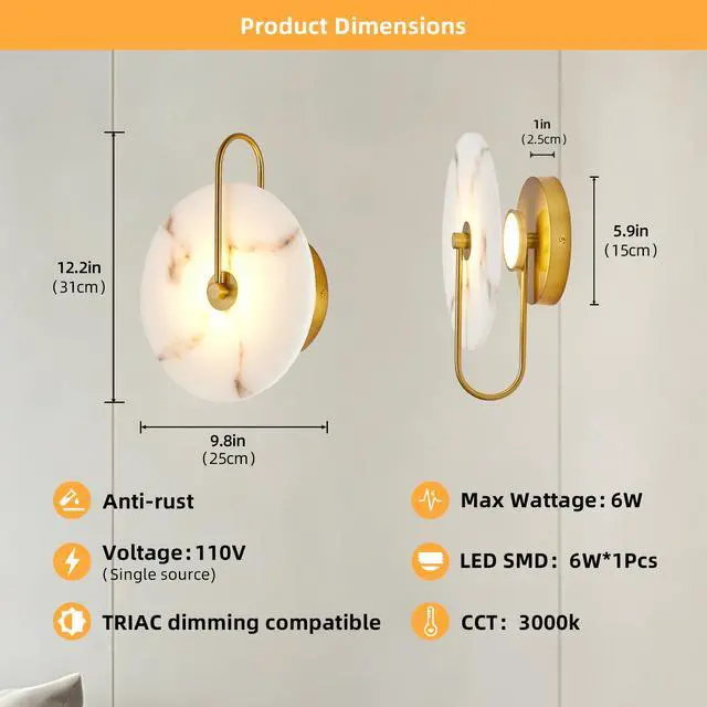 Alt view image 7 of 7 - Round Alabaster Wall Sconce, Natural Marble Lampshade Wall Sconce, Hardwired Circular Sconce Led Modern Wall Lamp for Bedroom, Stairs, Living Room, Bedside, Hallway 9.8 inch Gold