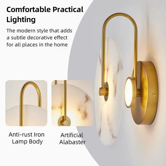 Alt view image 4 of 7 - Round Alabaster Wall Sconce, Natural Marble Lampshade Wall Sconce, Hardwired Circular Sconce Led Modern Wall Lamp for Bedroom, Stairs, Living Room, Bedside, Hallway 9.8 inch Gold
