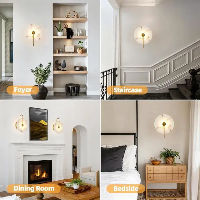 Alt view image 5 of 7 - Round Alabaster Wall Sconce, Natural Marble Lampshade Wall Sconce, Hardwired Circular Sconce Led Modern Wall Lamp for Bedroom, Stairs, Living Room, Bedside, Hallway 9.8 inch Gold