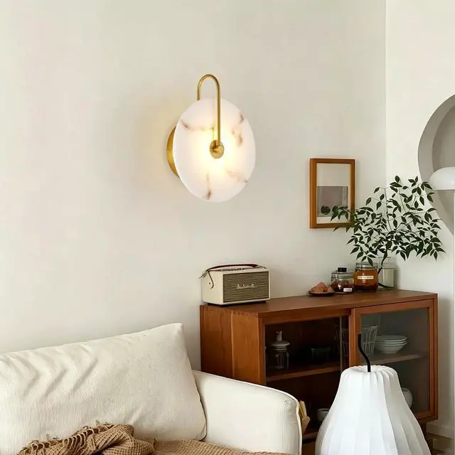 Alt view image 2 of 7 - Round Alabaster Wall Sconce, Natural Marble Lampshade Wall Sconce, Hardwired Circular Sconce Led Modern Wall Lamp for Bedroom, Stairs, Living Room, Bedside, Hallway 9.8 inch Gold