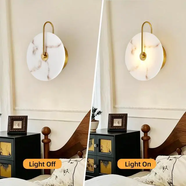 Alt view image 3 of 7 - Round Alabaster Wall Sconce, Natural Marble Lampshade Wall Sconce, Hardwired Circular Sconce Led Modern Wall Lamp for Bedroom, Stairs, Living Room, Bedside, Hallway 9.8 inch Gold