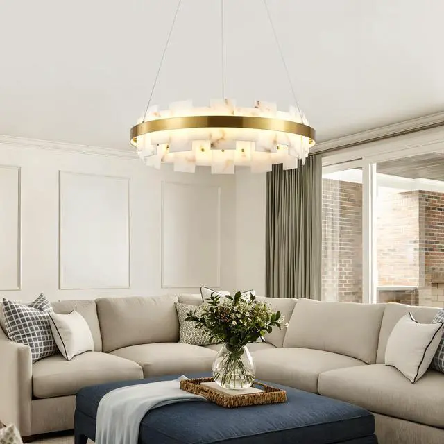 Alt view image 4 of 7 - Modern Alabaster Linear Chandelier, 20 inch Round Adjustable Flushmount Ceiling Light Fixture for Living Room, Over Table, Bedroom, Hallway, Entryway