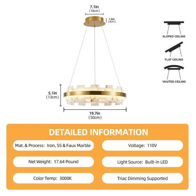 Alt view image 6 of 7 - Modern Alabaster Linear Chandelier, 20 inch Round Adjustable Flushmount Ceiling Light Fixture for Living Room, Over Table, Bedroom, Hallway, Entryway