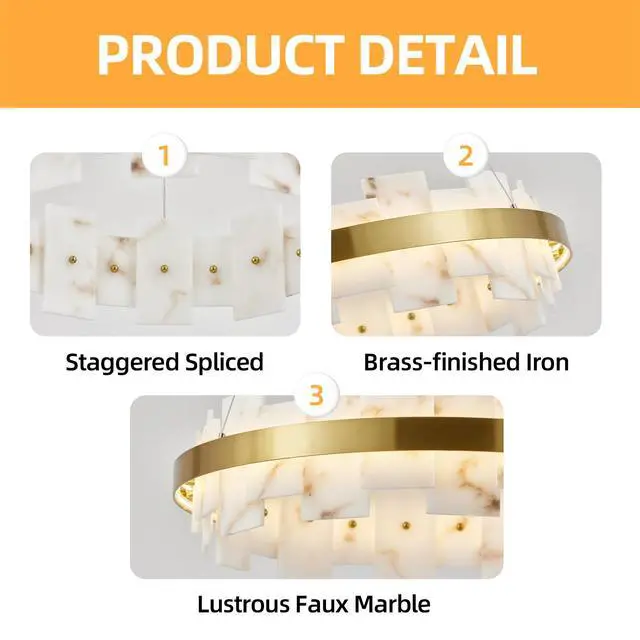 Alt view image 7 of 7 - Modern Alabaster Linear Chandelier, 20 inch Round Adjustable Flushmount Ceiling Light Fixture for Living Room, Over Table, Bedroom, Hallway, Entryway