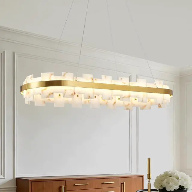 Main image of Alabaster Rectangle Chandelier, Natural Spanish Stone Texture Chandeliers, 46.8" Adjustable Alabaster Chandelier Over Table for Dining Room, Bedroom, Island Modern Luxury Ceiling Lighting
