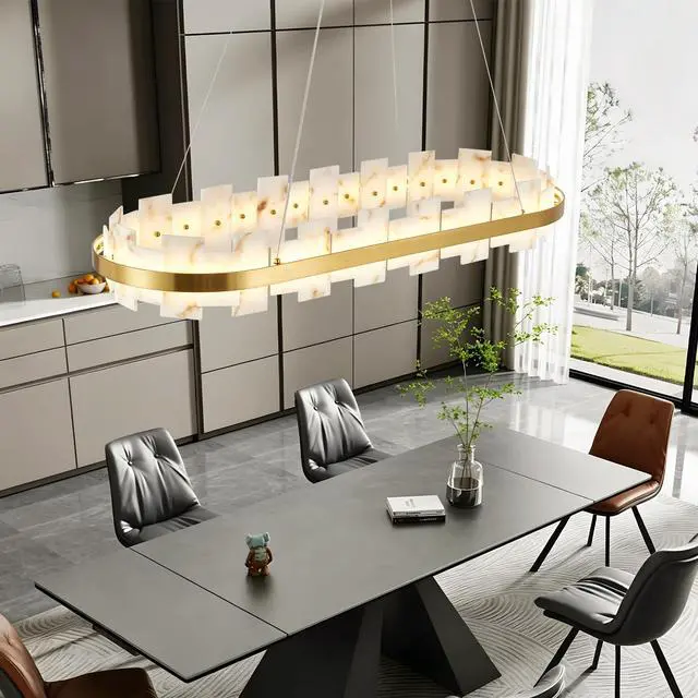 Alt view image 2 of 7 - Alabaster Rectangle Chandelier, Natural Spanish Stone Texture Chandeliers, 46.8" Adjustable Alabaster Chandelier Over Table for Dining Room, Bedroom, Island Modern Luxury Ceiling Lighting
