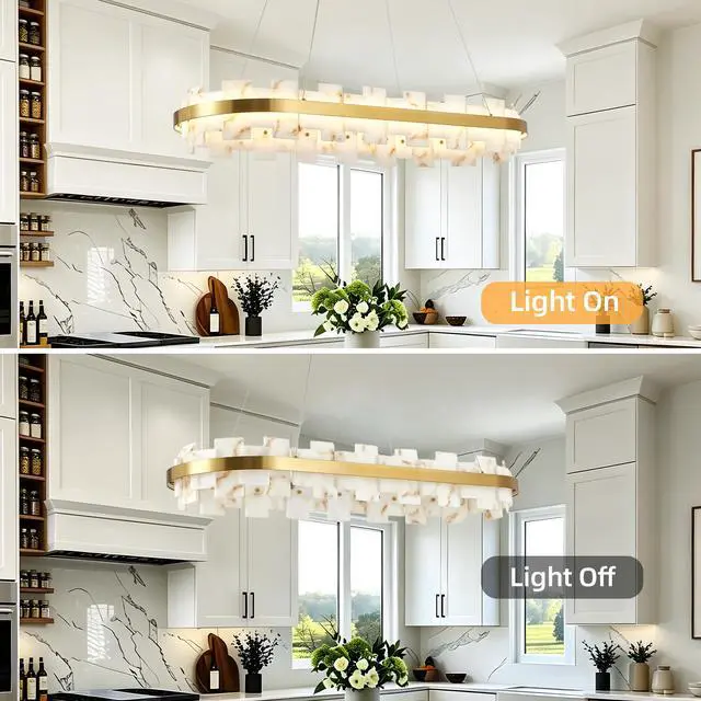 Alt view image 4 of 7 - Alabaster Rectangle Chandelier, Natural Spanish Stone Texture Chandeliers, 46.8" Adjustable Alabaster Chandelier Over Table for Dining Room, Bedroom, Island Modern Luxury Ceiling Lighting