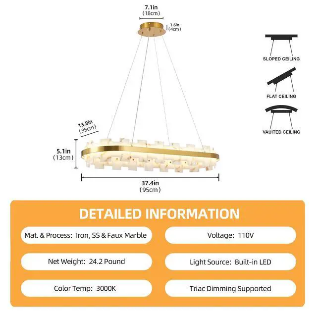 Alt view image 5 of 7 - Alabaster Rectangle Chandelier, Natural Spanish Stone Texture Chandeliers, 46.8" Adjustable Alabaster Chandelier Over Table for Dining Room, Bedroom, Island Modern Luxury Ceiling Lighting