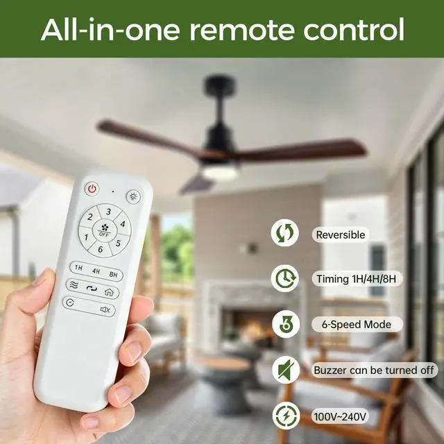 Alt view image 2 of 7 - 52" Wooden Ceiling Fans with Lighted Remote Control, indoor Outdoor Wooden Ceiling Fan, Outdoor Modern Ceiling Fan with 3 Fan Blades for Patio, Living Room, Farmhouse, Etc (Black + Walnut)