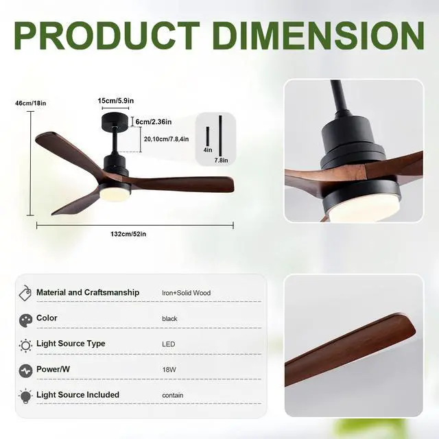 Alt view image 5 of 7 - 52" Wooden Ceiling Fans with Lighted Remote Control, indoor Outdoor Wooden Ceiling Fan, Outdoor Modern Ceiling Fan with 3 Fan Blades for Patio, Living Room, Farmhouse, Etc (Black + Walnut)