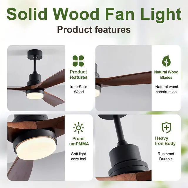 Alt view image 6 of 7 - 52" Wooden Ceiling Fans with Lighted Remote Control, indoor Outdoor Wooden Ceiling Fan, Outdoor Modern Ceiling Fan with 3 Fan Blades for Patio, Living Room, Farmhouse, Etc (Black + Walnut)