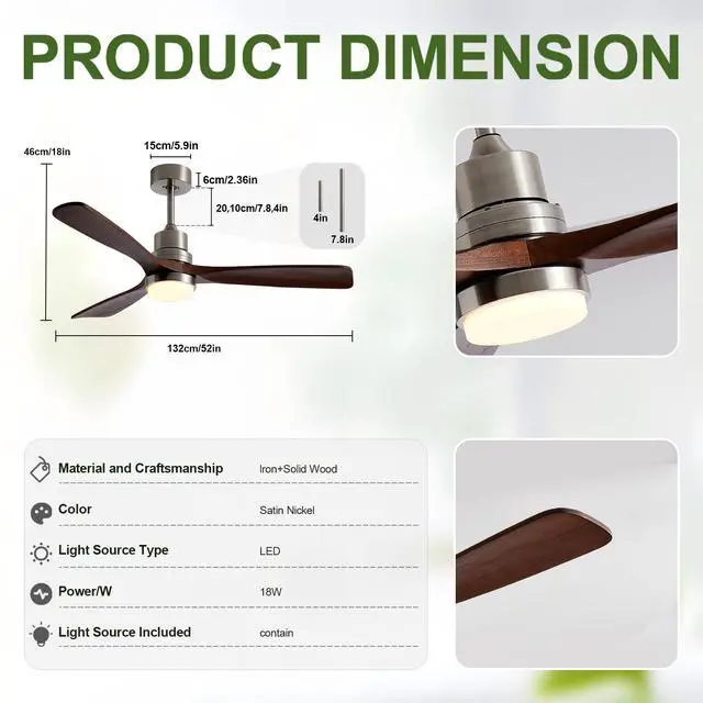 Alt view image 7 of 7 - 52 inch Brushed Nickel Ceiling Fans with Lights and Remote Control, Modern Ceiling Fan Light, 3 Blades, 6 Speed Dc Motor, indoor Outdoor Ceiling Fan for Farmhouse,Bedroom