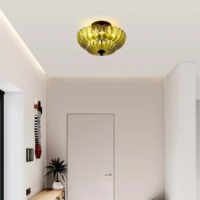 Alt view image 3 of 7 - Semi Flush Mount Ceiling Light, Green Glass Ceiling Light Fixture, 3-Bulb Modern Black Close to Ceiling Light, Vintage Glass Ceiling Lights for Bedroom Kitchen Living Room, Bulb Not included
