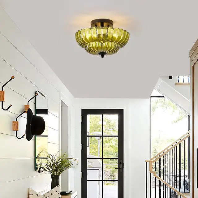 Alt view image 2 of 7 - Semi Flush Mount Ceiling Light, Green Glass Ceiling Light Fixture, 3-Bulb Modern Black Close to Ceiling Light, Vintage Glass Ceiling Lights for Bedroom Kitchen Living Room, Bulb Not included