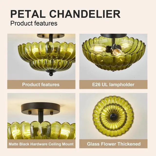 Alt view image 5 of 7 - Semi Flush Mount Ceiling Light, Green Glass Ceiling Light Fixture, 3-Bulb Modern Black Close to Ceiling Light, Vintage Glass Ceiling Lights for Bedroom Kitchen Living Room, Bulb Not included