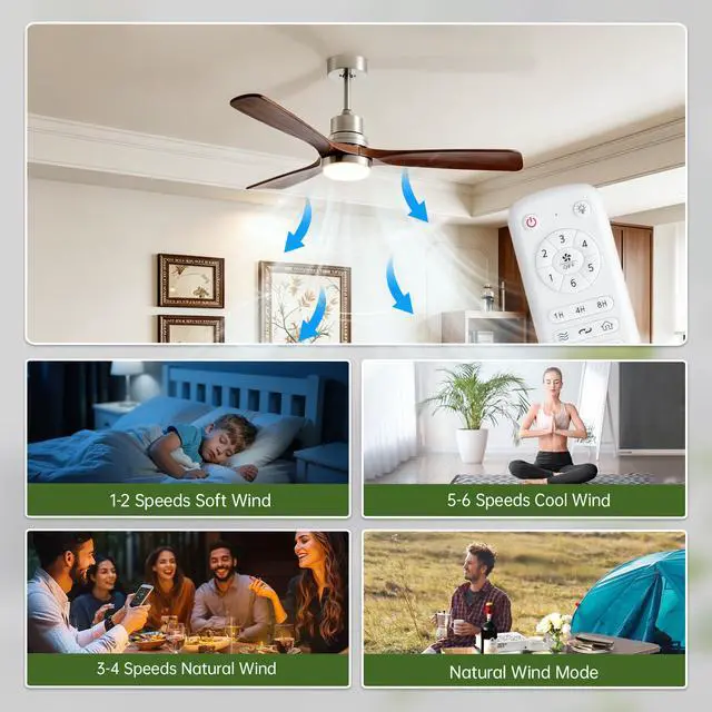 Alt view image 4 of 7 - 52 inch Brushed Nickel Ceiling Fans with Lights and Remote Control, Modern Ceiling Fan Light, 3 Blades, 6 Speed Dc Motor, indoor Outdoor Ceiling Fan for Farmhouse,Bedroom