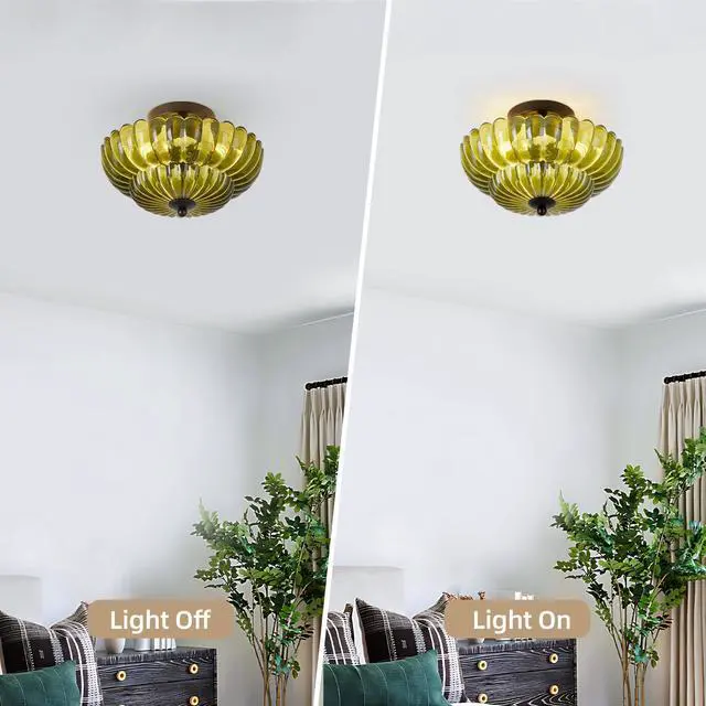 Alt view image 6 of 7 - Semi Flush Mount Ceiling Light, Green Glass Ceiling Light Fixture, 3-Bulb Modern Black Close to Ceiling Light, Vintage Glass Ceiling Lights for Bedroom Kitchen Living Room, Bulb Not included