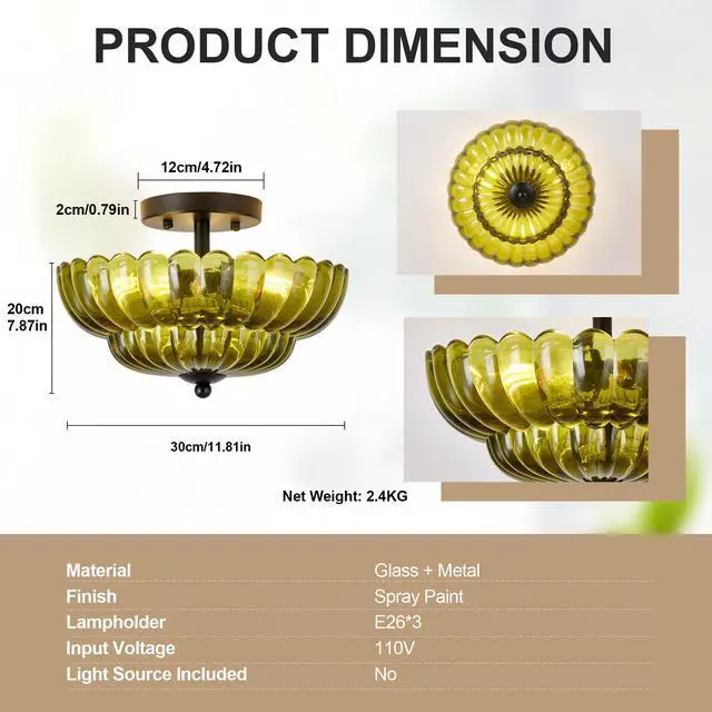 Alt view image 7 of 7 - Semi Flush Mount Ceiling Light, Green Glass Ceiling Light Fixture, 3-Bulb Modern Black Close to Ceiling Light, Vintage Glass Ceiling Lights for Bedroom Kitchen Living Room, Bulb Not included