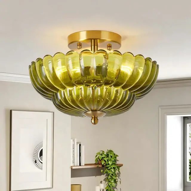 Main image of 11.8 inch Kitchen Ceiling Light, 3-Light Semi Flush Mount Ceiling Lamp with Flower Glass, Vintage Close to Ceiling Light Fixtures for Bathroom Bedroom Hallway Entryway, Green