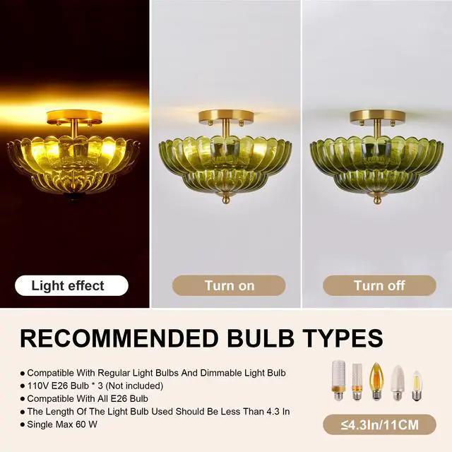Alt view image 4 of 7 - 11.8 inch Kitchen Ceiling Light, 3-Light Semi Flush Mount Ceiling Lamp with Flower Glass, Vintage Close to Ceiling Light Fixtures for Bathroom Bedroom Hallway Entryway, Green