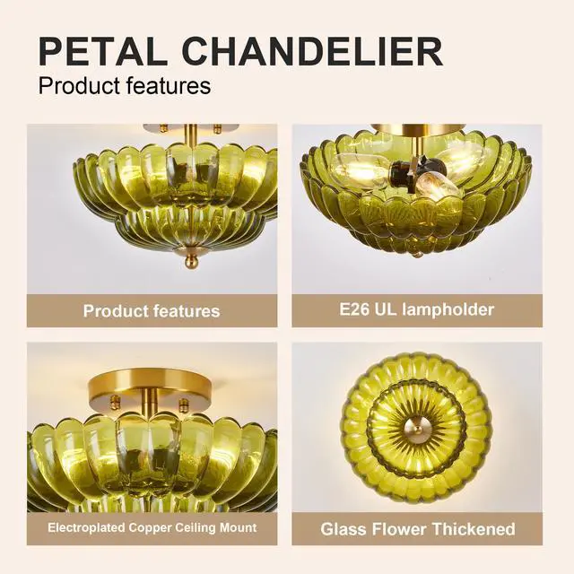 Alt view image 5 of 7 - 11.8 inch Kitchen Ceiling Light, 3-Light Semi Flush Mount Ceiling Lamp with Flower Glass, Vintage Close to Ceiling Light Fixtures for Bathroom Bedroom Hallway Entryway, Green