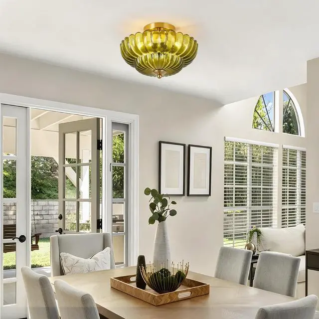 Alt view image 2 of 7 - 11.8 inch Kitchen Ceiling Light, 3-Light Semi Flush Mount Ceiling Lamp with Flower Glass, Vintage Close to Ceiling Light Fixtures for Bathroom Bedroom Hallway Entryway, Green