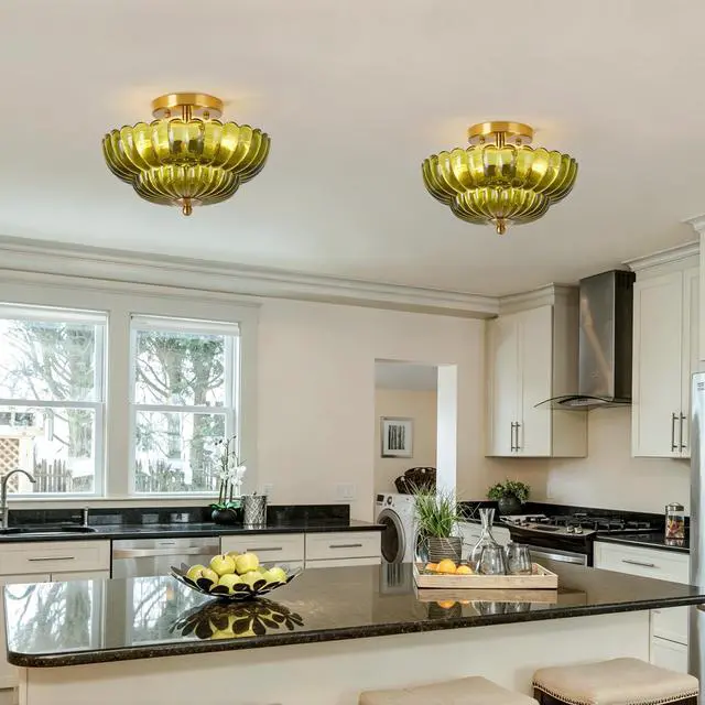 Alt view image 3 of 7 - 11.8 inch Kitchen Ceiling Light, 3-Light Semi Flush Mount Ceiling Lamp with Flower Glass, Vintage Close to Ceiling Light Fixtures for Bathroom Bedroom Hallway Entryway, Green