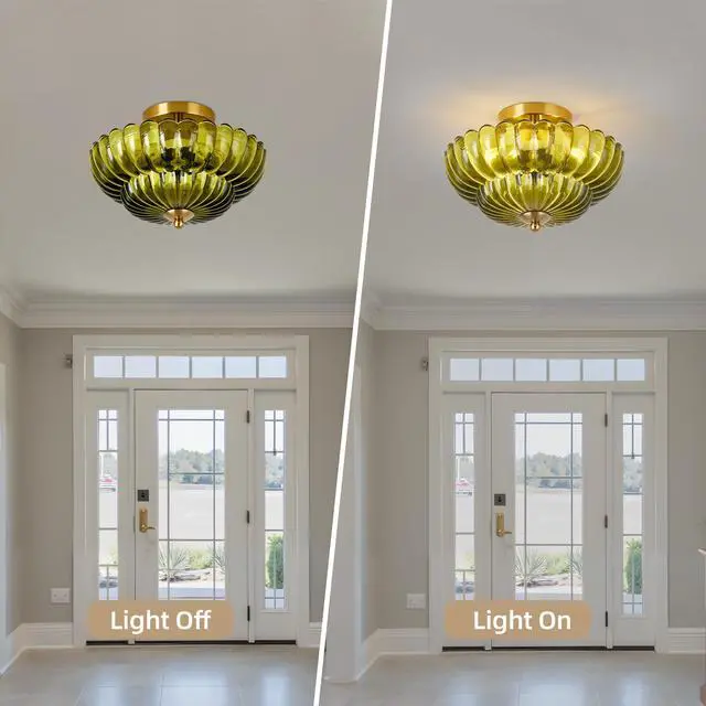 Alt view image 7 of 7 - 11.8 inch Kitchen Ceiling Light, 3-Light Semi Flush Mount Ceiling Lamp with Flower Glass, Vintage Close to Ceiling Light Fixtures for Bathroom Bedroom Hallway Entryway, Green