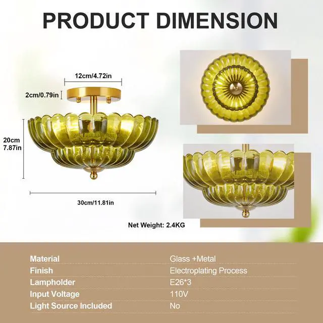 Alt view image 6 of 7 - 11.8 inch Kitchen Ceiling Light, 3-Light Semi Flush Mount Ceiling Lamp with Flower Glass, Vintage Close to Ceiling Light Fixtures for Bathroom Bedroom Hallway Entryway, Green
