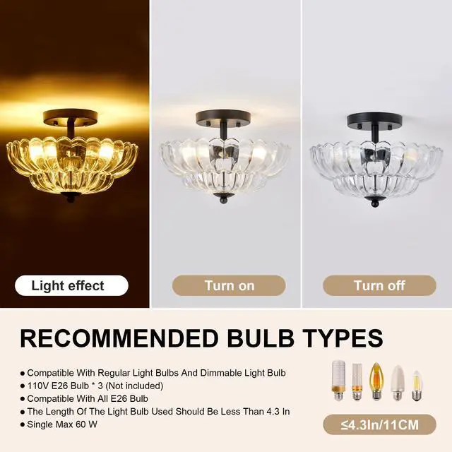 Alt view image 5 of 7 - Semi Flush Mount Ceiling Light, Smoky Gray Glass Ceiling Light Fixture, 3-Bulb Modern Black Close to Ceiling Light, Vintage Glass Ceiling Lights for Bedroom Kitchen Living Room, Bulb Not included
