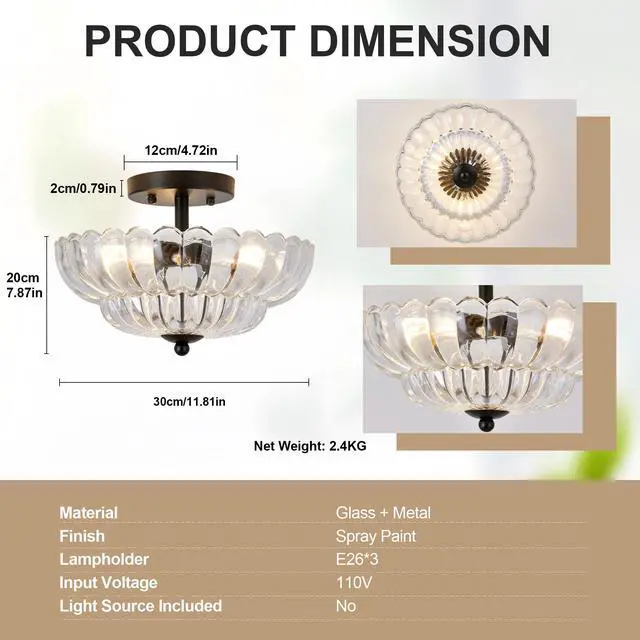 Alt view image 7 of 7 - Semi Flush Mount Ceiling Light, Smoky Gray Glass Ceiling Light Fixture, 3-Bulb Modern Black Close to Ceiling Light, Vintage Glass Ceiling Lights for Bedroom Kitchen Living Room, Bulb Not included