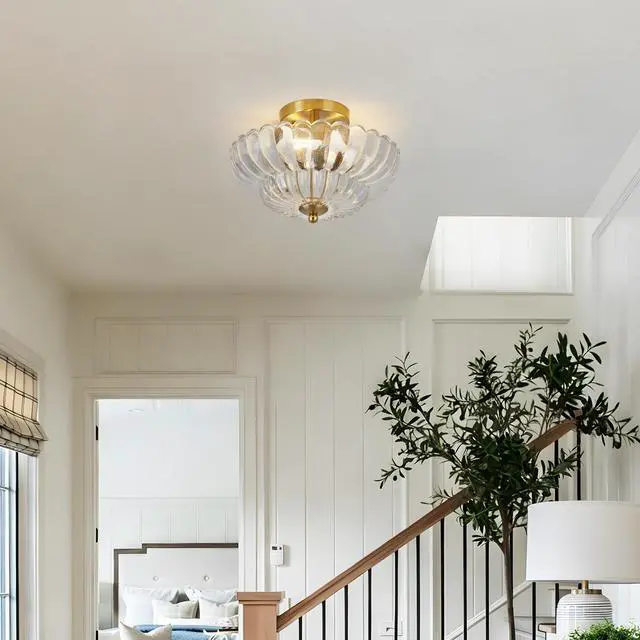 Alt view image 2 of 7 - 11.8 inch Semi Flush Mount Ceiling Light, 3-Light Close to Ceiling Light Fixtures with Flower Glass, Vintage Ceiling Lights for Hallway Living Room Kitchen Bedroom Bathroom, Clear