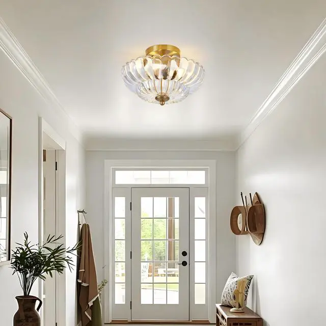 Alt view image 3 of 7 - 11.8 inch Semi Flush Mount Ceiling Light, 3-Light Close to Ceiling Light Fixtures with Flower Glass, Vintage Ceiling Lights for Hallway Living Room Kitchen Bedroom Bathroom, Clear