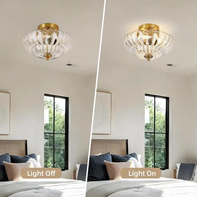 Alt view image 4 of 7 - 11.8 inch Semi Flush Mount Ceiling Light, 3-Light Close to Ceiling Light Fixtures with Flower Glass, Vintage Ceiling Lights for Hallway Living Room Kitchen Bedroom Bathroom, Clear