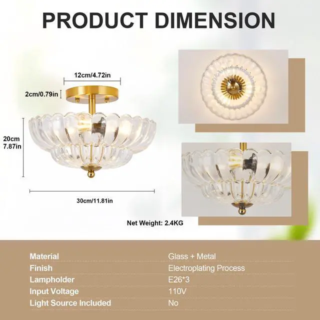 Alt view image 6 of 7 - 11.8 inch Semi Flush Mount Ceiling Light, 3-Light Close to Ceiling Light Fixtures with Flower Glass, Vintage Ceiling Lights for Hallway Living Room Kitchen Bedroom Bathroom, Clear