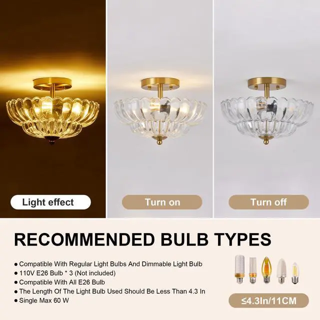 Alt view image 7 of 7 - 11.8 inch Semi Flush Mount Ceiling Light, 3-Light Close to Ceiling Light Fixtures with Flower Glass, Vintage Ceiling Lights for Hallway Living Room Kitchen Bedroom Bathroom, Clear