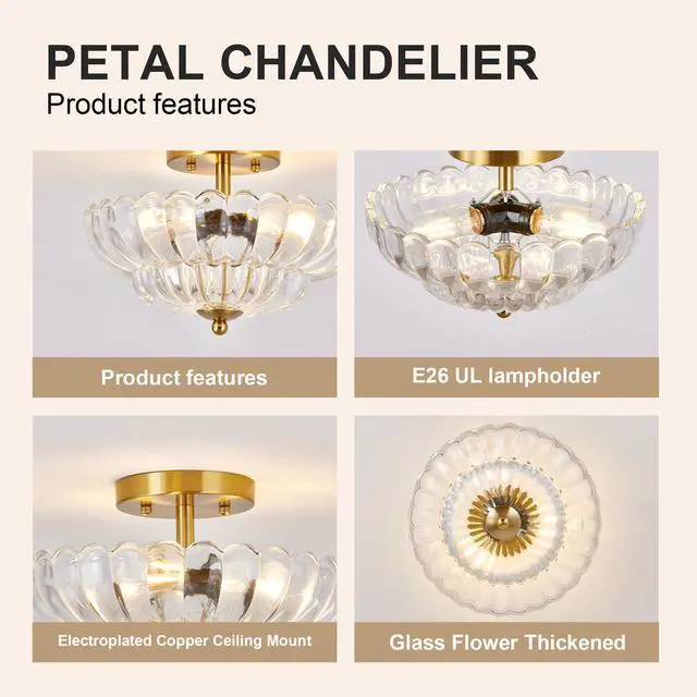 Alt view image 5 of 7 - 11.8 inch Semi Flush Mount Ceiling Light, 3-Light Close to Ceiling Light Fixtures with Flower Glass, Vintage Ceiling Lights for Hallway Living Room Kitchen Bedroom Bathroom, Clear