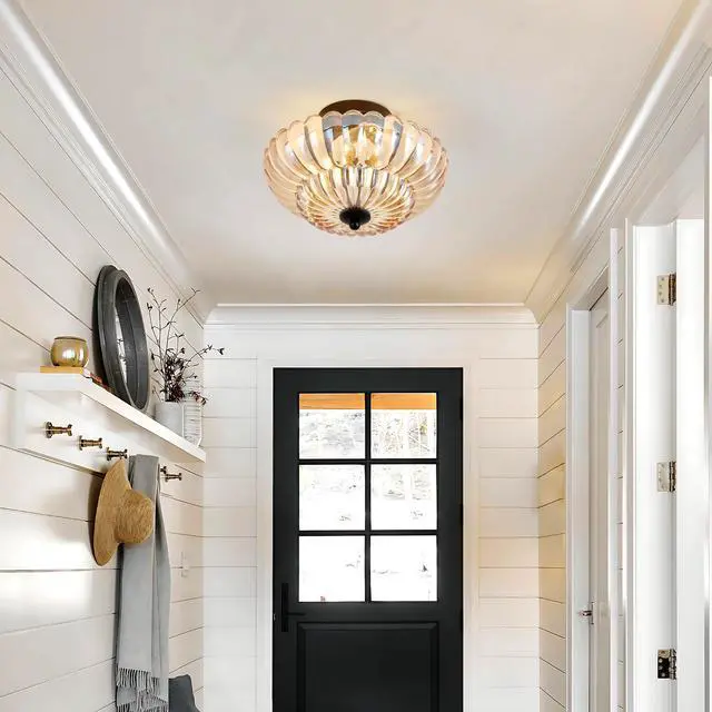 Alt view image 3 of 7 - Semi Flush Mount Ceiling Light, Amber Glass Ceiling Light Fixture, 3-Bulb Modern Black Close to Ceiling Light, Vintage Glass Ceiling Lights for Bedroom Kitchen Living Room, Bulb Not included