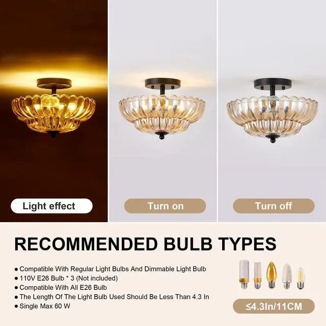 Alt view image 6 of 7 - Semi Flush Mount Ceiling Light, Amber Glass Ceiling Light Fixture, 3-Bulb Modern Black Close to Ceiling Light, Vintage Glass Ceiling Lights for Bedroom Kitchen Living Room, Bulb Not included