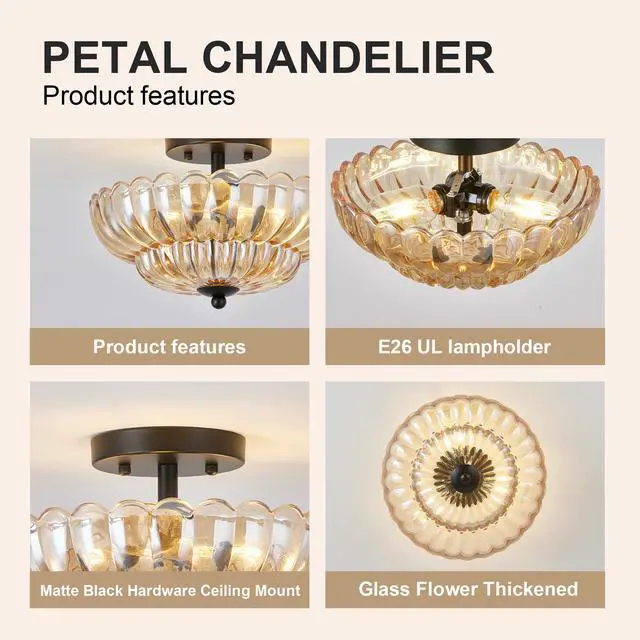 Alt view image 7 of 7 - Semi Flush Mount Ceiling Light, Amber Glass Ceiling Light Fixture, 3-Bulb Modern Black Close to Ceiling Light, Vintage Glass Ceiling Lights for Bedroom Kitchen Living Room, Bulb Not included