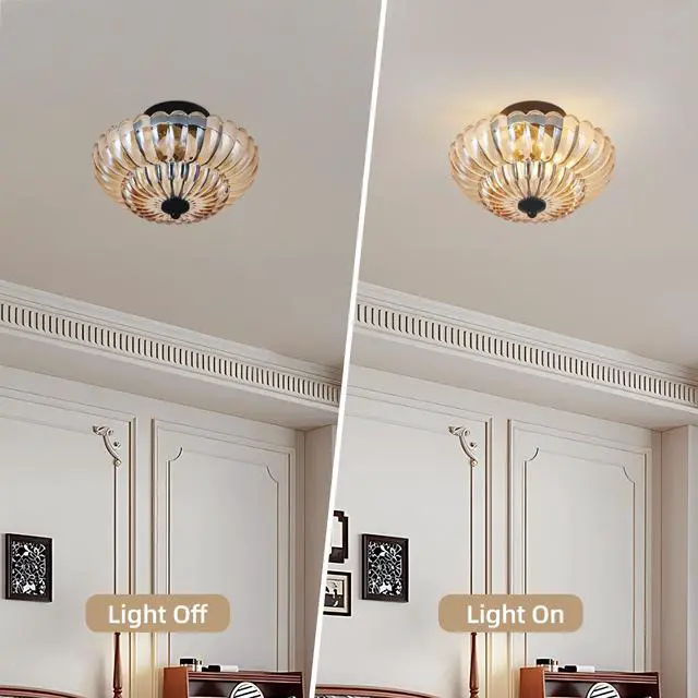 Alt view image 5 of 7 - Semi Flush Mount Ceiling Light, Amber Glass Ceiling Light Fixture, 3-Bulb Modern Black Close to Ceiling Light, Vintage Glass Ceiling Lights for Bedroom Kitchen Living Room, Bulb Not included