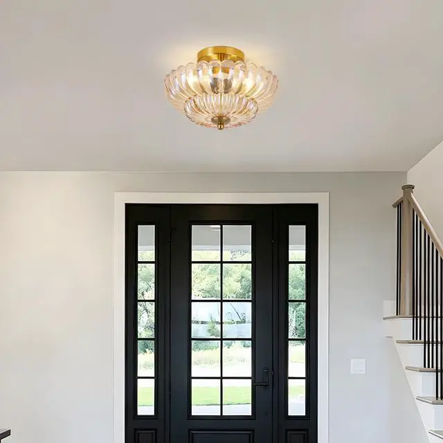 Alt view image 2 of 7 - 11.8 inch Semi Flush Mount Ceiling Light, 3-Light Close to Ceiling Light Fixtures with Flower Glass, Vintage Ceiling Lights for Hallway Living Room Kitchen Bedroom Bathroom, Amber