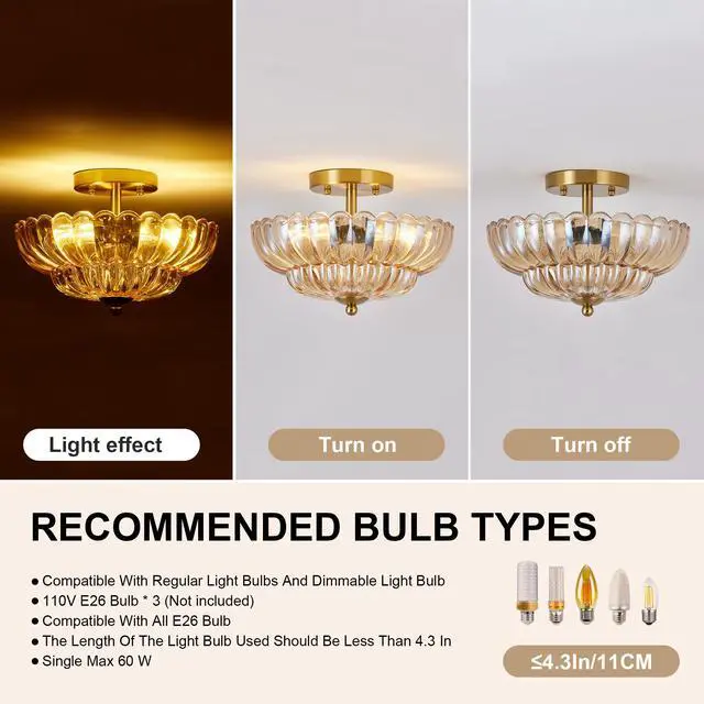 Alt view image 5 of 7 - 11.8 inch Semi Flush Mount Ceiling Light, 3-Light Close to Ceiling Light Fixtures with Flower Glass, Vintage Ceiling Lights for Hallway Living Room Kitchen Bedroom Bathroom, Amber